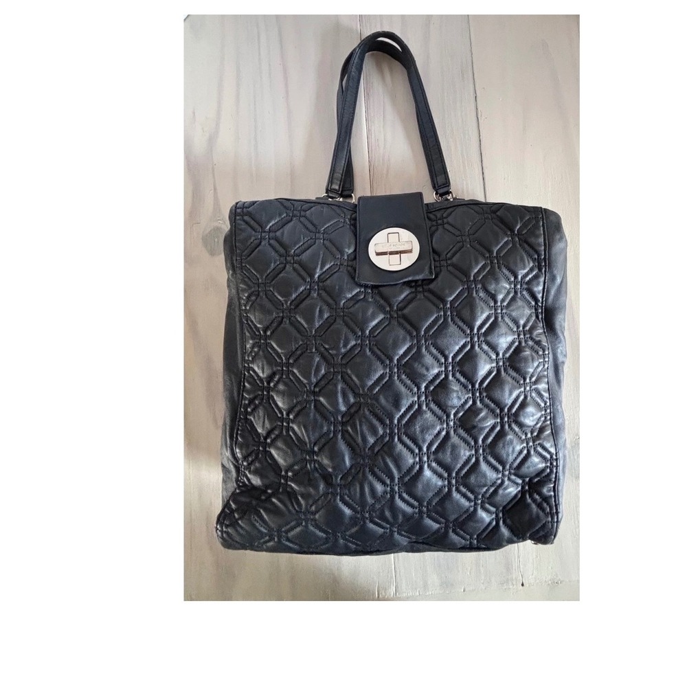 Kate Spade New York Black Quilted Leather Tote Laptop Bag Silver Turnlock Pink